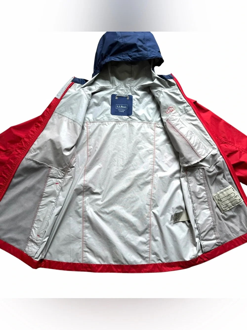 L.L. Bean Kids Trail Model Rain Jacket Large 14/16 Red Blue Hiking Outdoor NWOT